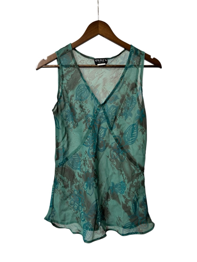 Vintage Cloz’s New York Y2k Green Sheer Dark Floral Sleeveless V Neck Tank M